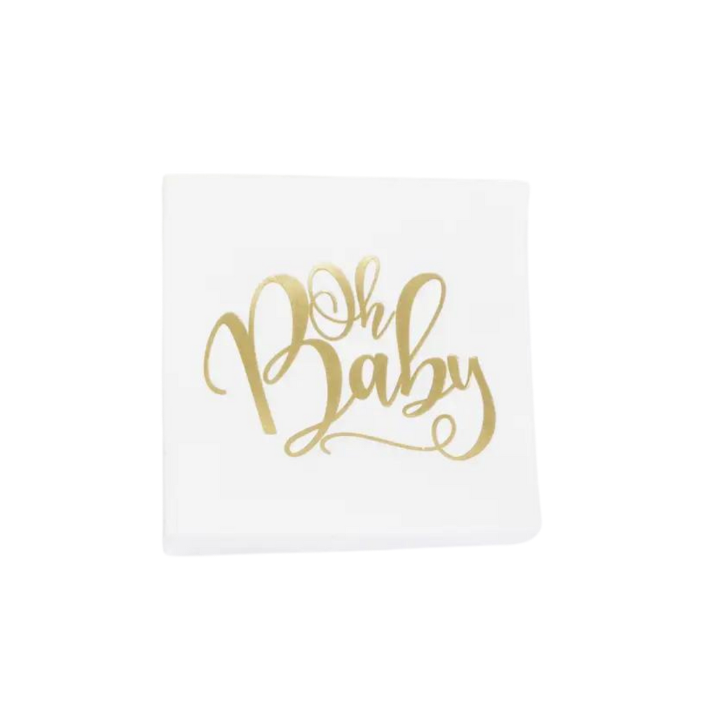 White and gold baby shower napkin with Oh Baby text for baby shower from Parte Haus party supply store in Bethesda Maryland