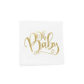 White and gold baby shower napkin with Oh Baby text for baby shower from Parte Haus party supply store in Bethesda Maryland