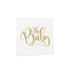 White and gold baby shower napkin with Oh Baby text for baby shower from Parte Haus party supply store in Bethesda Maryland