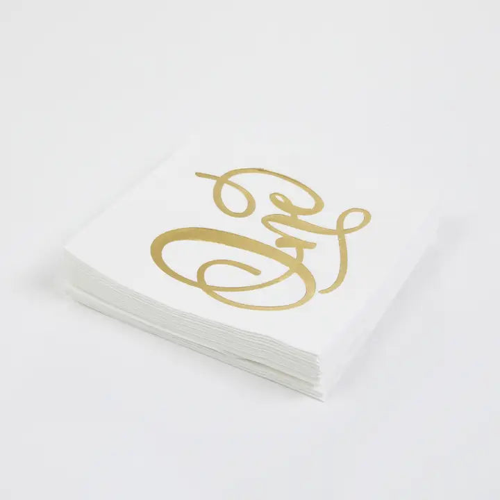 Gold white napkins with elegant script for birthday from Parte Haus party supply store in Bethesda MD