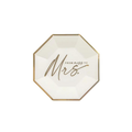 white and gold octagon plate with From Miss to Mrs text bridal shower theme from Parte Haus party supply store in Bethesda MD