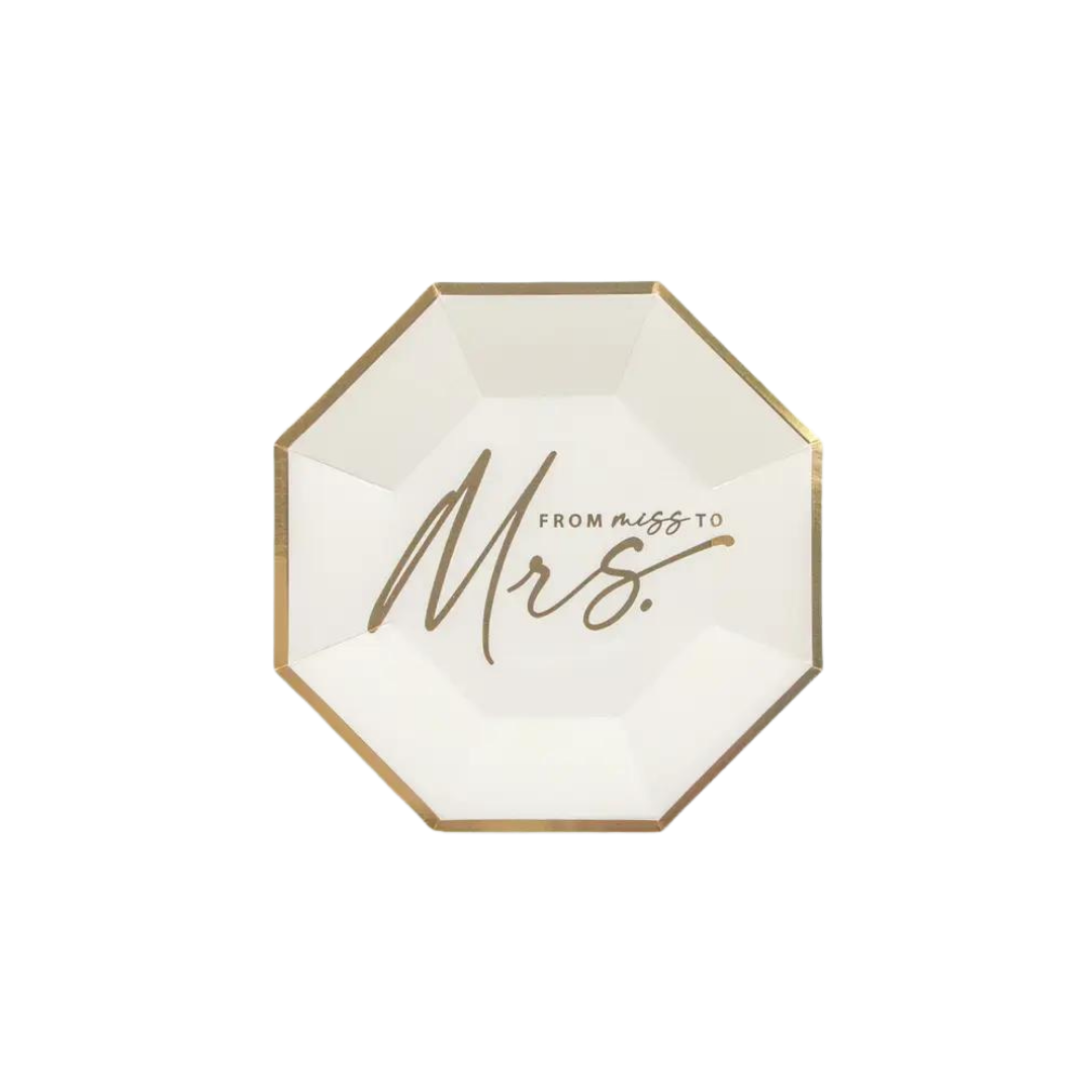 white and gold octagon plate with From Miss to Mrs text bridal shower theme from Parte Haus party supply store in Bethesda MD