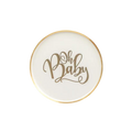 White and gold paper plate with Oh Baby text for baby shower from Parte Haus party supply store in Bethesda MD