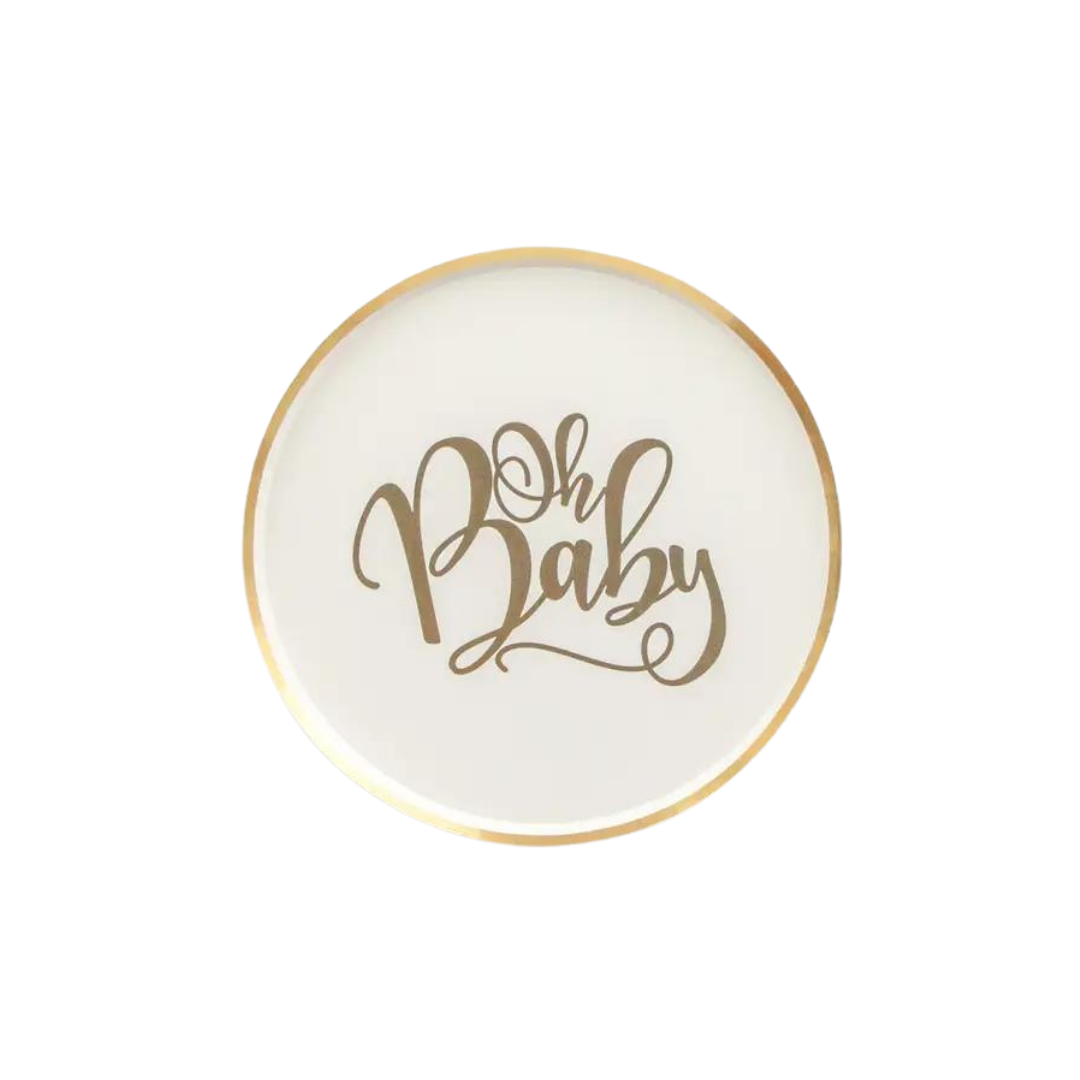 White and gold paper plate with Oh Baby text for baby shower from Parte Haus party supply store in Bethesda MD