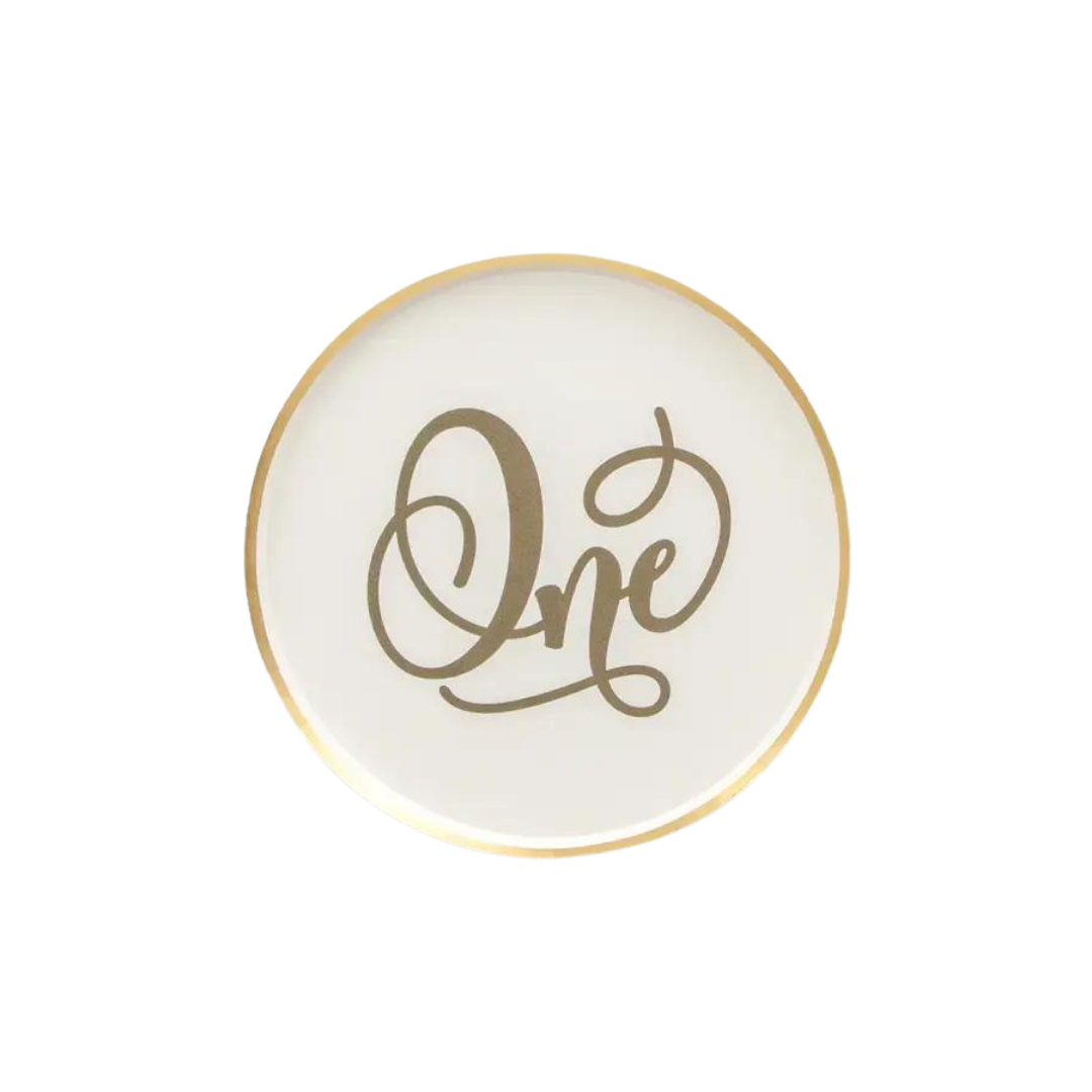 White and gold first birthday paper plate with One script for birthday from Parte Haus party supply store in Bethesda MD