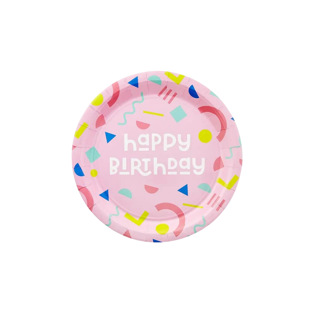 Pink geometric paper plate with happy birthday text kids theme from Parte Haus party supply store in Bethesda Maryland