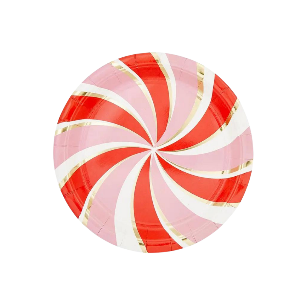 Red and pink peppermint paper plate with gold swirl holiday theme from Parte Haus party supply store in Bethesda MD