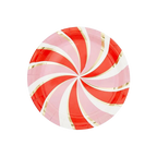 Red and pink peppermint paper plate with gold swirl holiday theme from Parte Haus party supply store in Bethesda MD