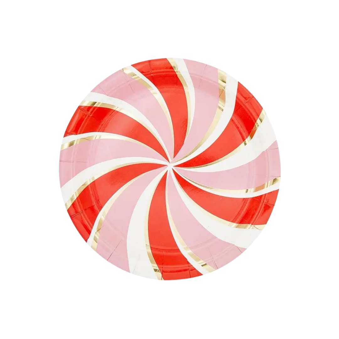 Red and pink peppermint paper plate with gold swirl holiday theme from Parte Haus party supply store in Bethesda MD