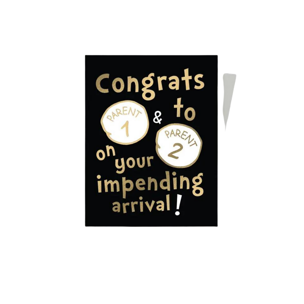 Black and gold baby announcement card with parent one and parent two theme from Parte Haus party supply store in Bethesda Maryland