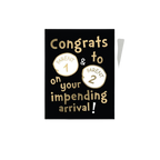 Black and gold baby announcement card with parent one and parent two theme from Parte Haus party supply store in Bethesda Maryland