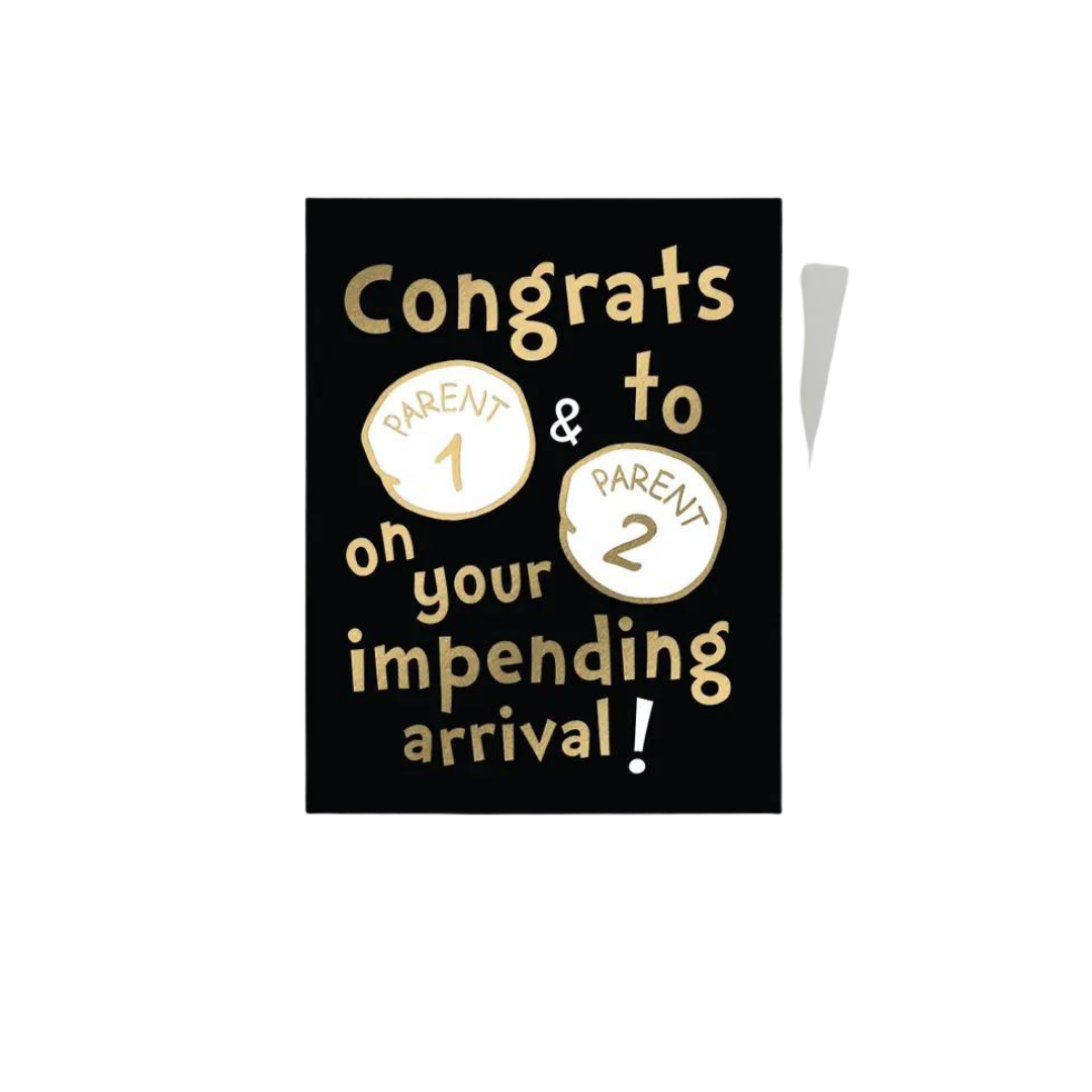 Black and gold baby announcement card with parent one and parent two theme from Parte Haus party supply store in Bethesda Maryland