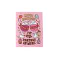 Pink birthday card with cartoon wine glasses balloons cupcake from Parte Haus party supply store in Bethesda MD