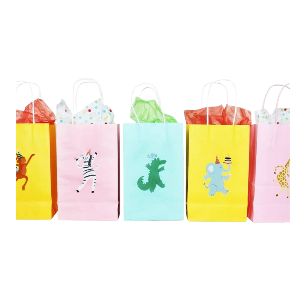 Colorful animal gift bags with playful party designs birthday theme from Parte Haus party supply store in Bethesda Maryland