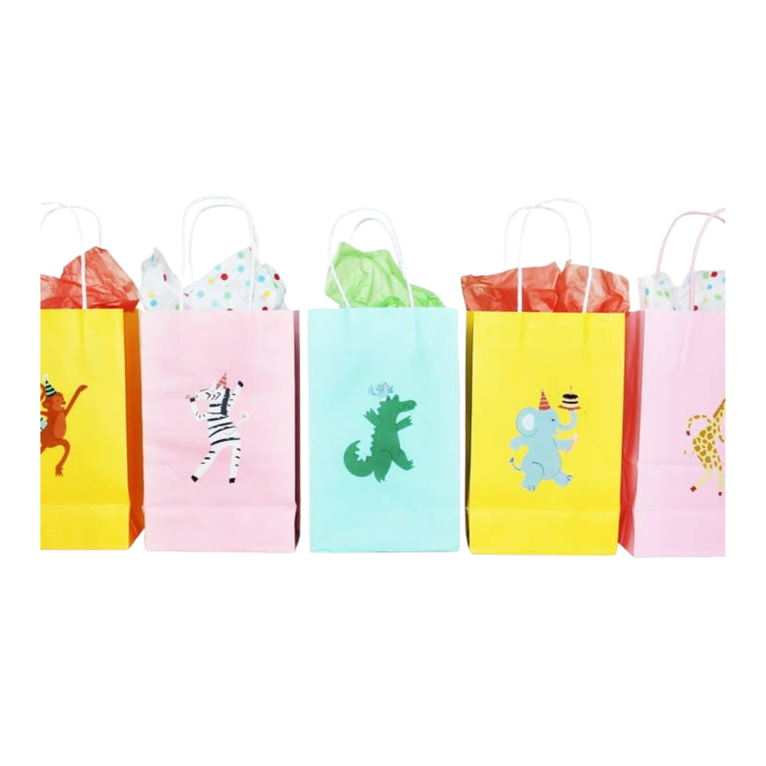 Colorful animal gift bags with playful party designs birthday theme from Parte Haus party supply store in Bethesda Maryland
