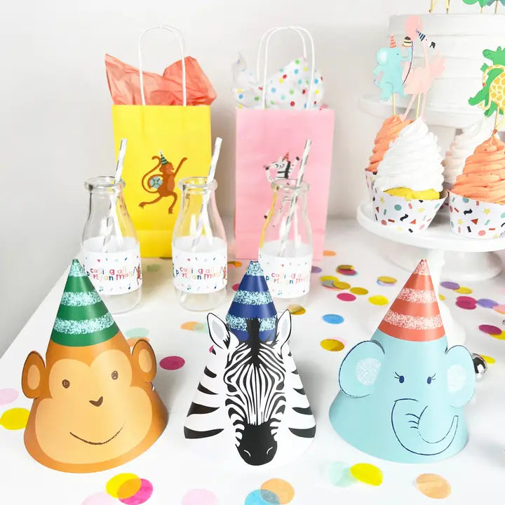 Colorful animal face party hats with monkey zebra elephant for kids birthday from Parte Haus party supply store in Bethesda MD