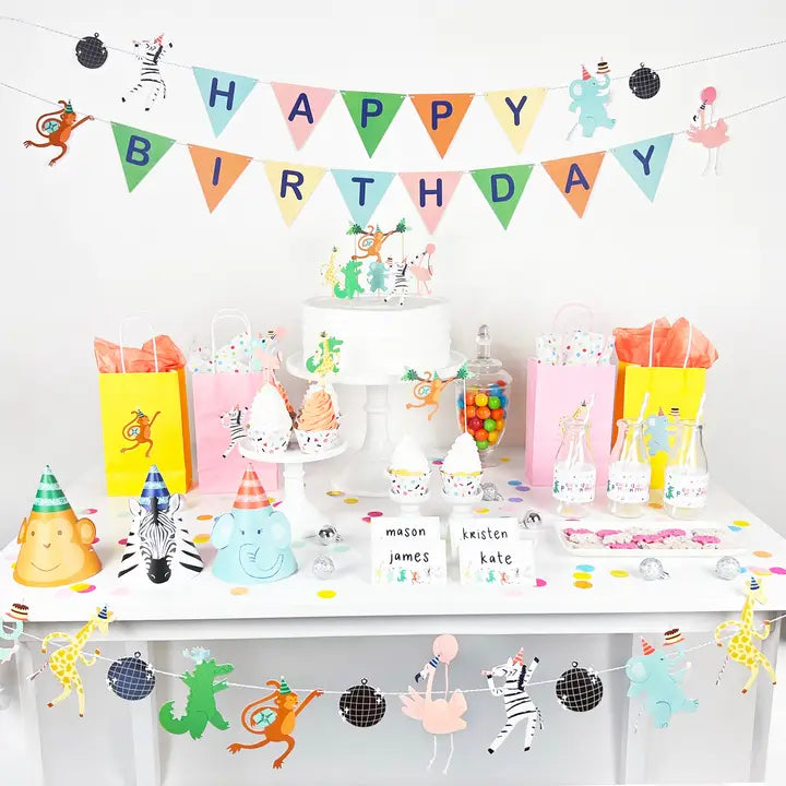 Colorful animal party hats with zebra elephant and monkey design for birthday from Parte Haus party supply store in Bethesda MD