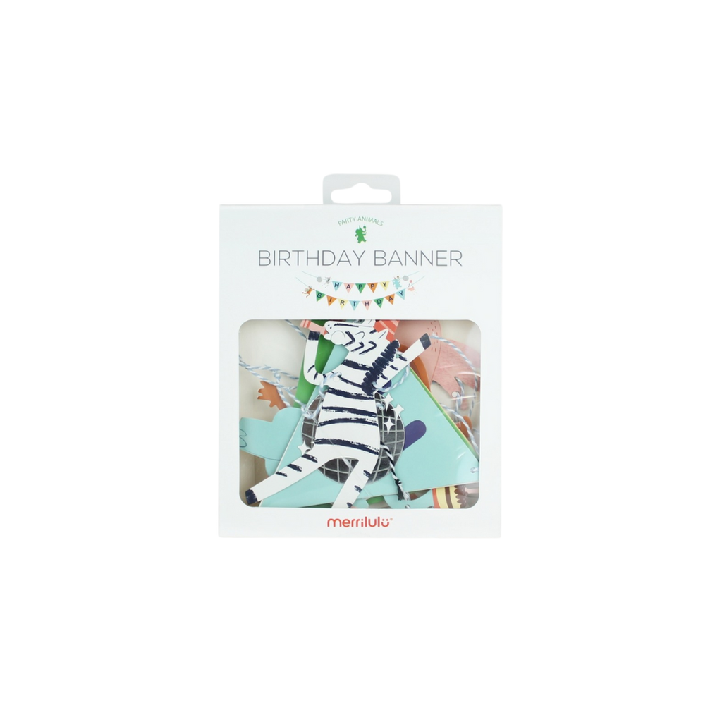 Colorful party animals birthday banner with animal cutouts birthday theme from Parte Haus party supply store in Bethesda MD.