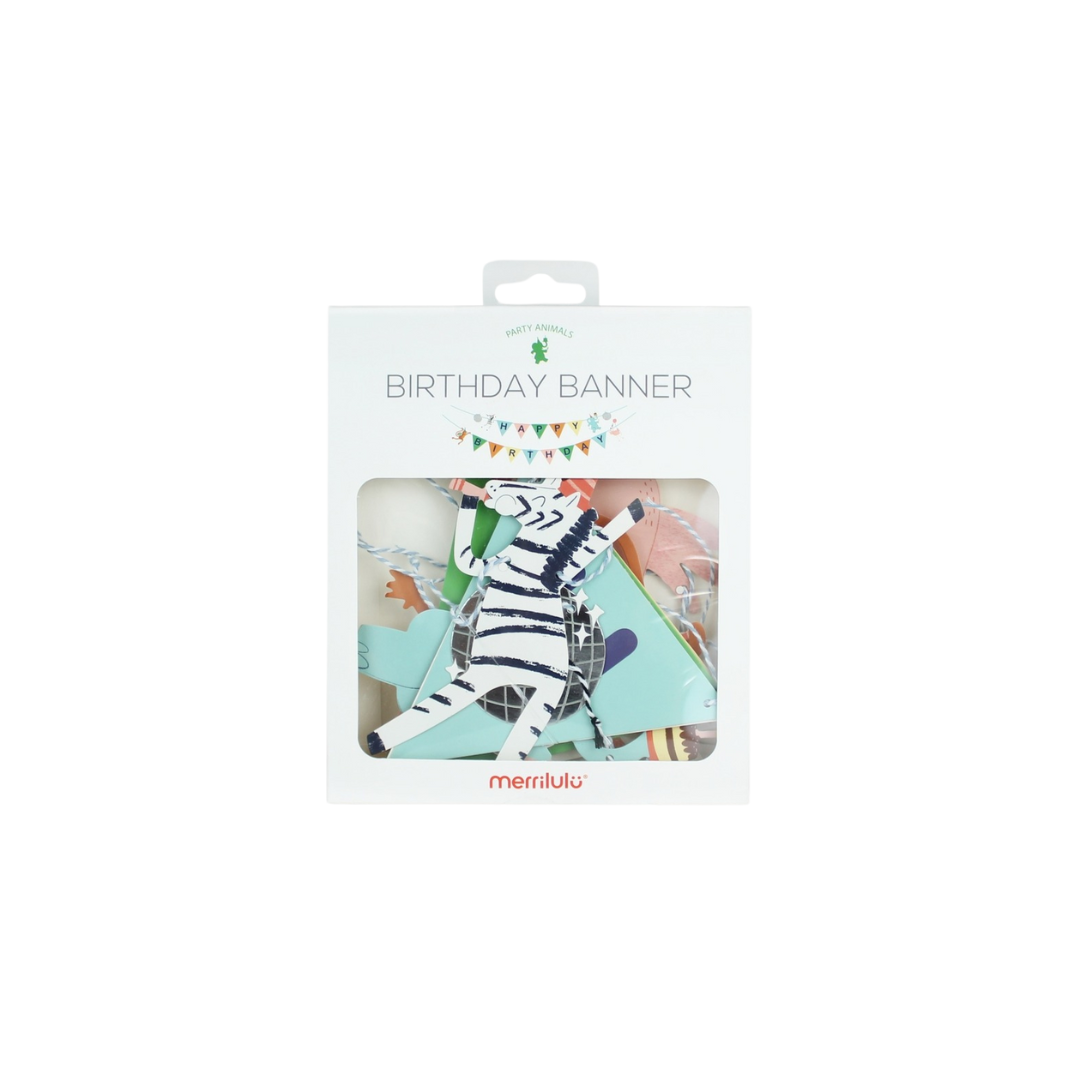 Colorful party animals birthday banner with animal cutouts birthday theme from Parte Haus party supply store in Bethesda MD.