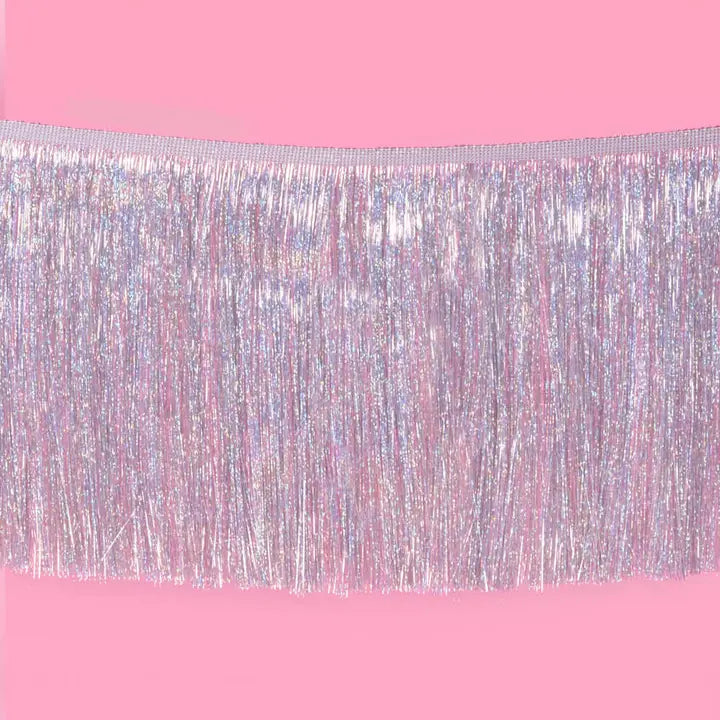 Iridescent fringe foil banner shiny and long for birthday from Parte Haus party supply store in Bethesda MD