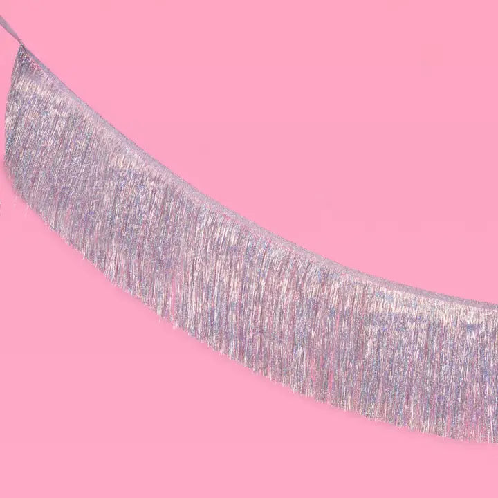 iridescent fringe foil banner shiny birthday decoration from Parte Haus party supply store in Bethesda Maryland