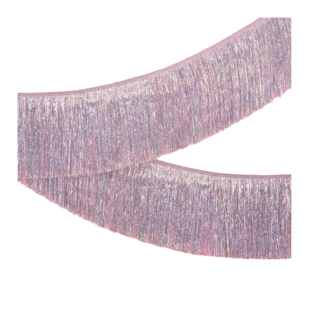 Iridescent fringe foil banner with shimmering texture birthday decorations from Parte Haus party supply store in Bethesda MD
