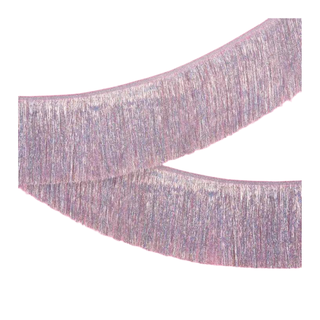 Iridescent fringe foil banner with shimmering texture birthday decorations from Parte Haus party supply store in Bethesda MD