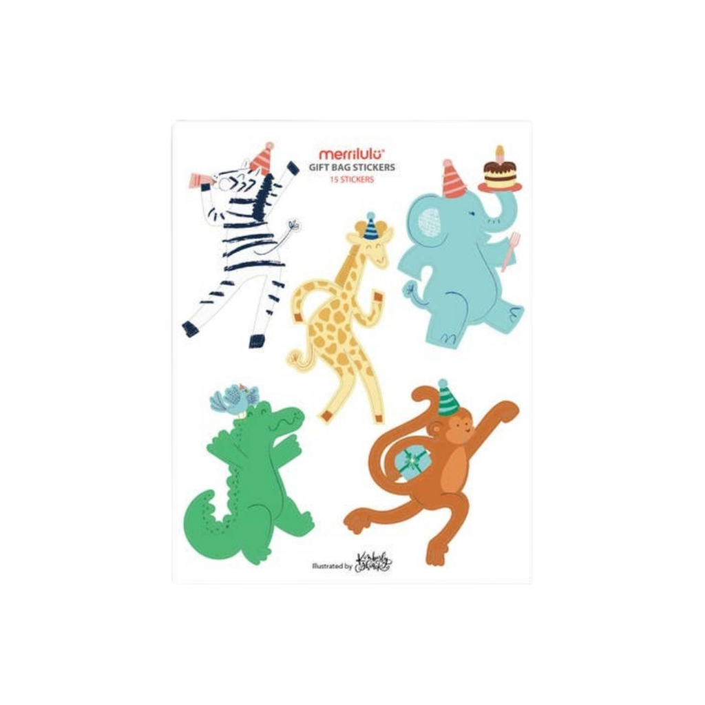 multicolor animal gift bag stickers featuring zebra giraffe elephant monkey crocodile birthday theme from Parte Haus party supply store in Bethesda Maryland
