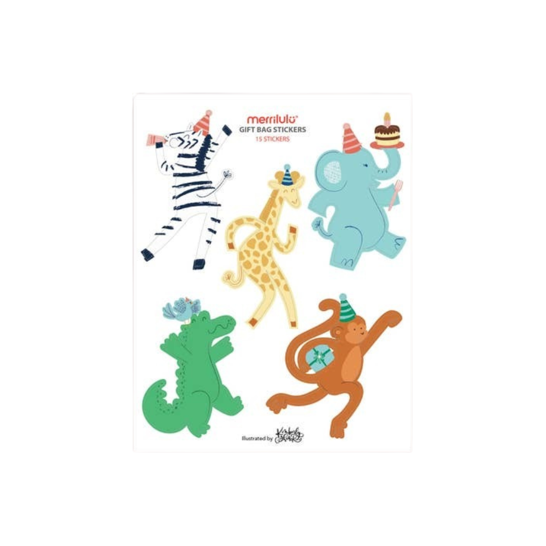multicolor animal gift bag stickers featuring zebra giraffe elephant monkey crocodile birthday theme from Parte Haus party supply store in Bethesda Maryland