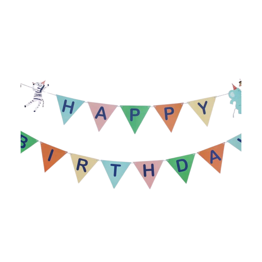 Multicolor birthday banner with animal accents Happy Birthday theme from Parte Haus party supply store in Bethesda MD.