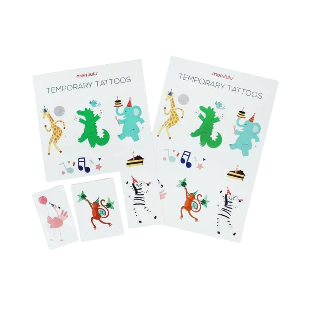 colorful animal temporary tattoos with party hats celebration theme from Parte Haus party supply store in Bethesda MD