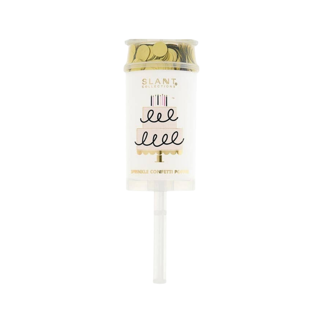 Gold glitter confetti popper clear container for celebrations from Parte Haus party supply store in Bethesda MD