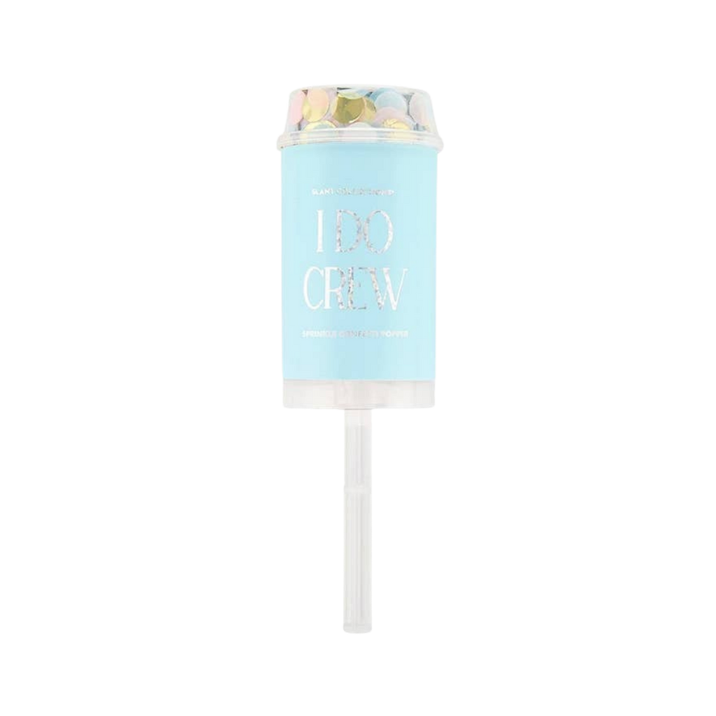 Blue push pop confetti party popper with I Do Crew label bridal shower from Parte Haus party supply store in Bethesda MD