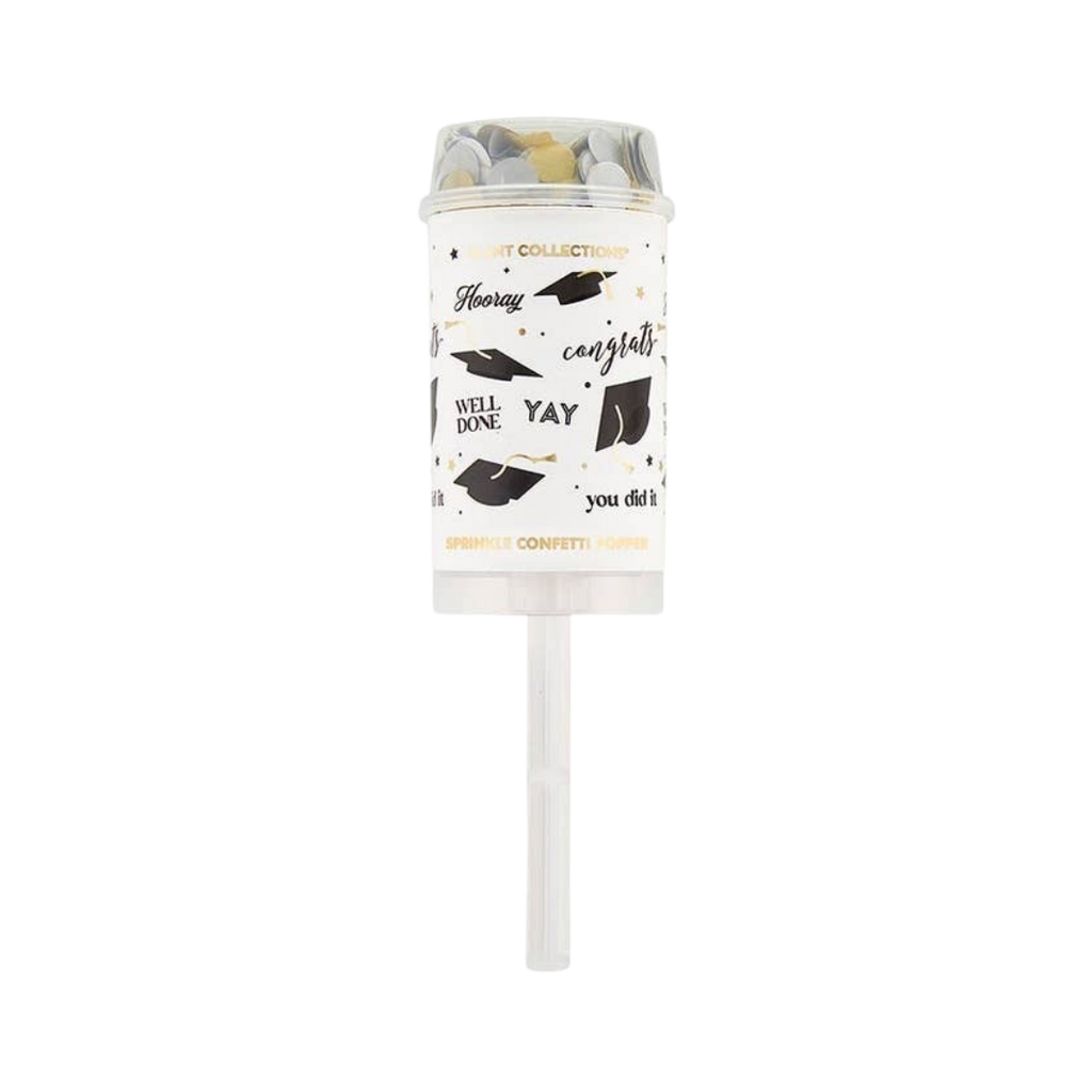 Multi color graduation confetti popper with cap graphics for graduation from Parte Haus party supply store in Bethesda MD