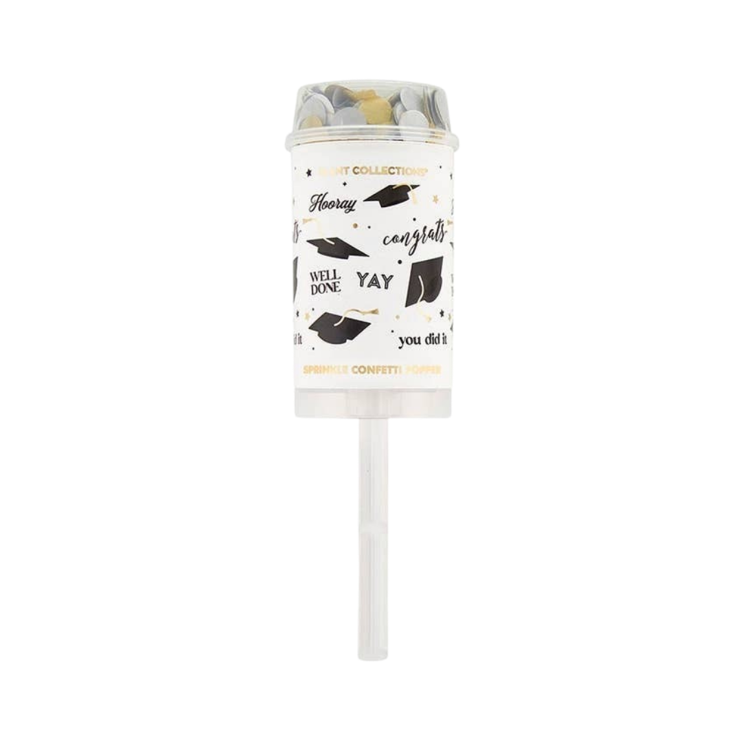 Multi color graduation confetti popper with cap graphics for graduation from Parte Haus party supply store in Bethesda MD