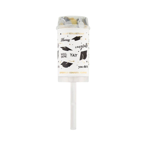 Multi color graduation confetti popper with cap graphics for graduation from Parte Haus party supply store in Bethesda MD