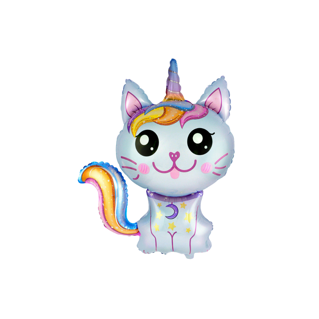 Pastel blue 35in rainbow caticorn giant foil balloon with unicorn horn and colorful tail – from Parte Haus party supply store in Bethesda, MD.