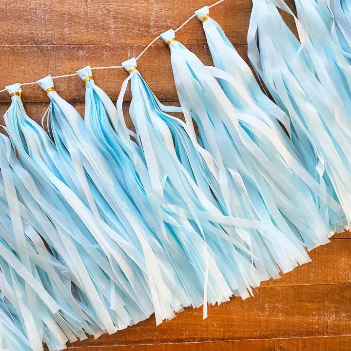 Pastel blue paper tassel garland with hanging fringe for celebrations from Parte Haus party supply store in Bethesda Maryland