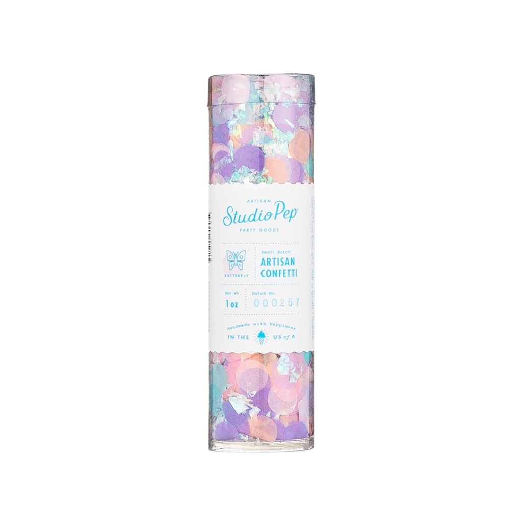 Pastel butterfly artisan confetti in a clear tube birthday celebration from Parte Haus party supply store in Bethesda MD