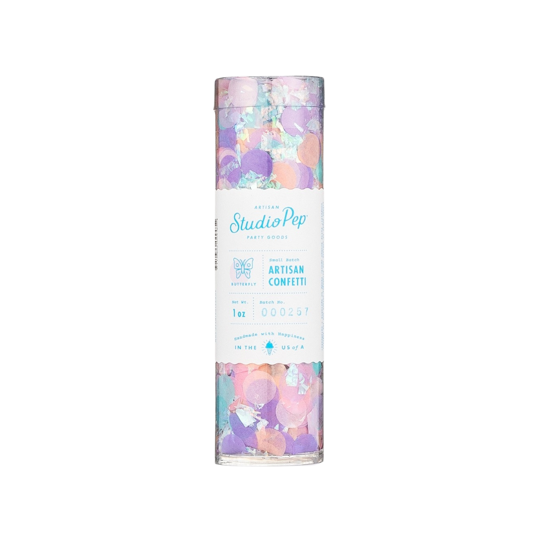 Pastel butterfly artisan confetti in a clear tube birthday celebration from Parte Haus party supply store in Bethesda MD