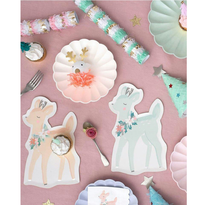 pastel deer shaped large dinner plates with floral accents woodland birthday from Parte Haus party supply store in Bethesda MD