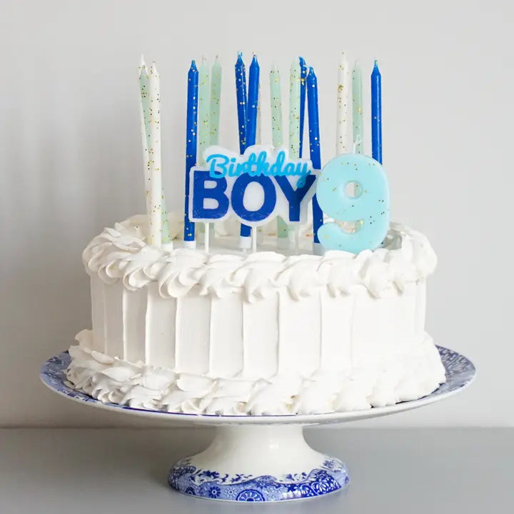 Pastel blue glitter birthday candle set with Birthday Boy theme on cake from Parte Haus party supply store in Bethesda MD