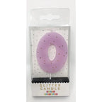 Pastel purple glitter number 0 candle in packaging birthday from Parte Haus party supply store in Bethesda MD
