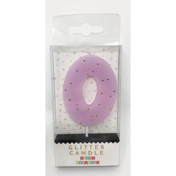 Pastel purple glitter number 0 candle in packaging birthday from Parte Haus party supply store in Bethesda MD