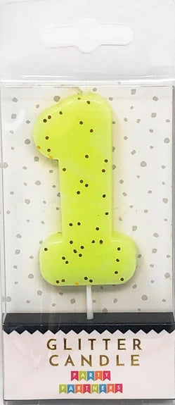 Pastel yellow glitter number candle for birthday from Parte Haus party supply store in Bethesda MD