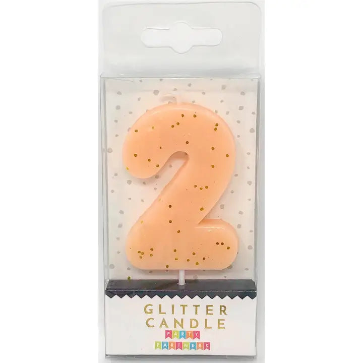 Pastel peach glitter number 2 candle birthday cake topper from Parte Haus party supply store in Bethesda MD