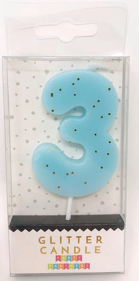 Pastel blue glitter number 3 candle for birthday from Parte Haus party supply store in Bethesda Maryland