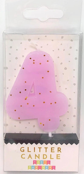 Pastel pink glitter number 4 candle birthday decoration from Parte Haus party supply store in Bethesda MD