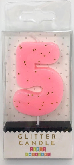 Pink glitter number 5 candle for birthday from Parte Haus party supply store in Bethesda Maryland