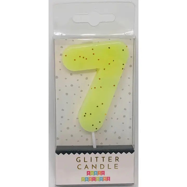 Yellow pastel glitter number 7 candle with colorful dots birthday theme from Parte Haus party supply store in Bethesda MD